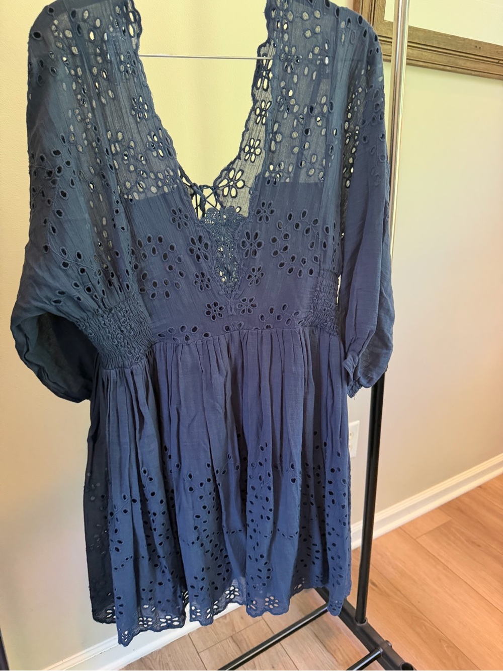 Free People Navy Eyelet V-Neck Mini Dress three quarter sleeves - Women - Picture 4 of 9
